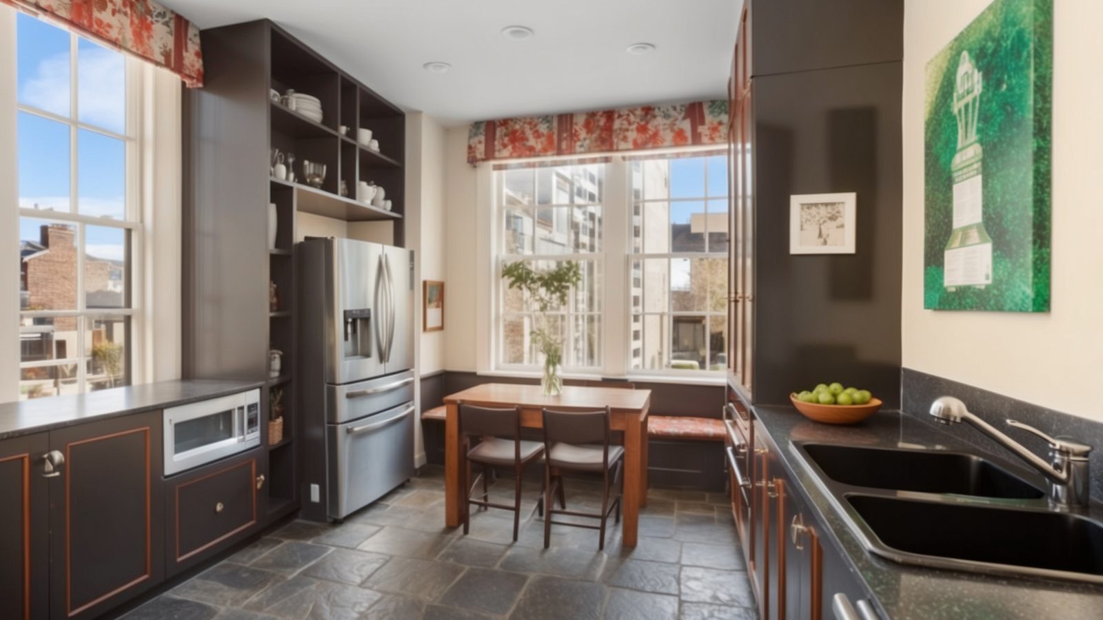 06 a kitchen with slate flooring, black cabinetry, stainless ste