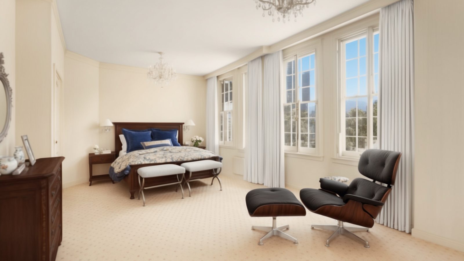 07 a serene bedroom with soft neutral tones, an elegant chandeli