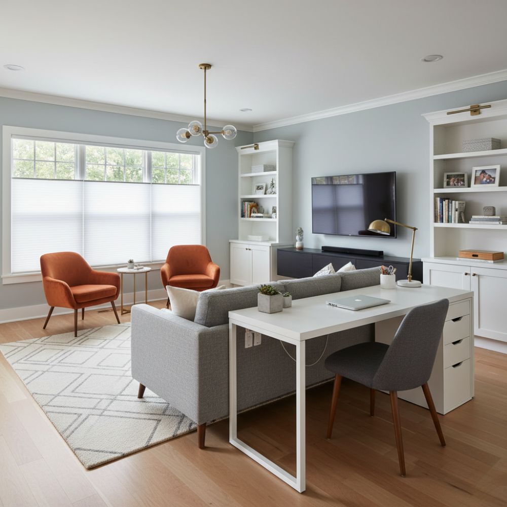 12x16 Living Room Layout With Built In Home Office Space