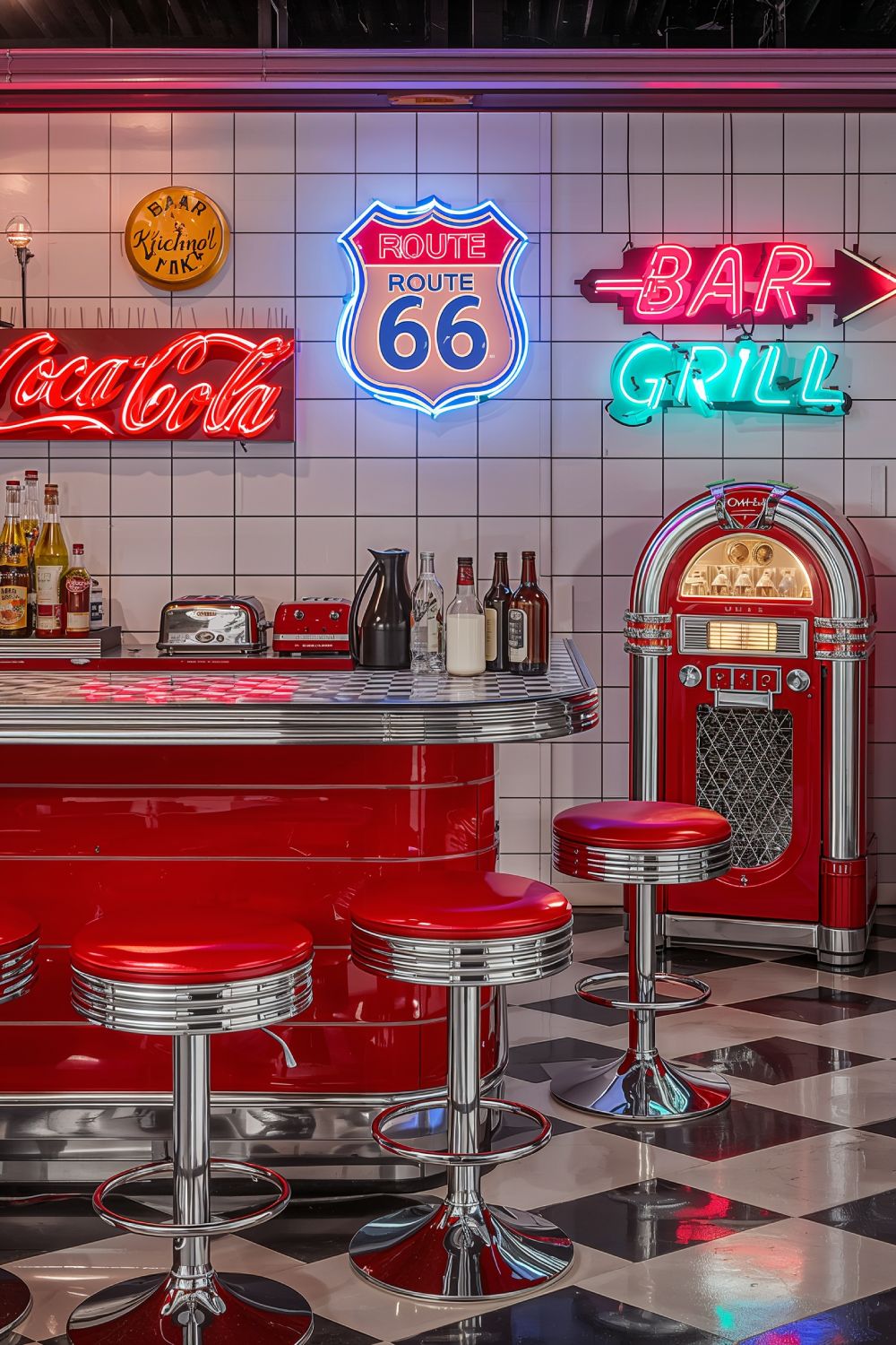 1950s Retro Diner Man Cave Bar With Checkered Counter