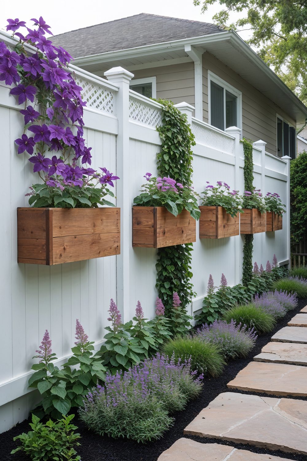 4 Foot Privacy Fence With Integrated Planters And Climbing Vines