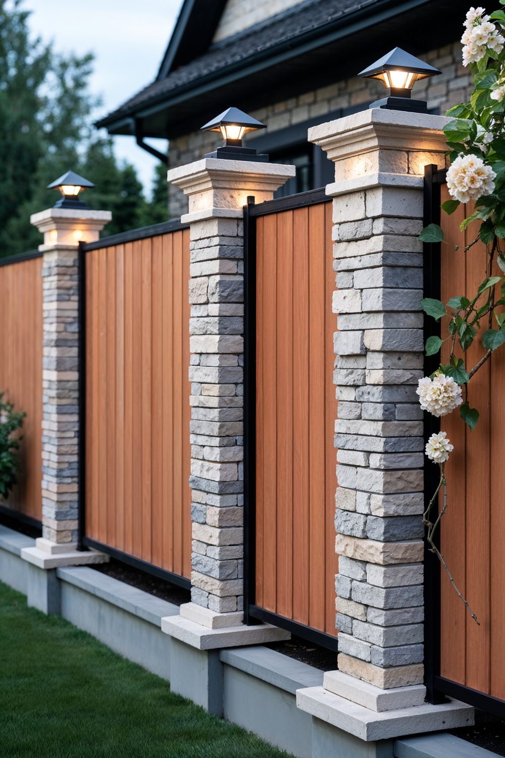 4 Foot Wood And Metal Privacy Fence With Stone Accents