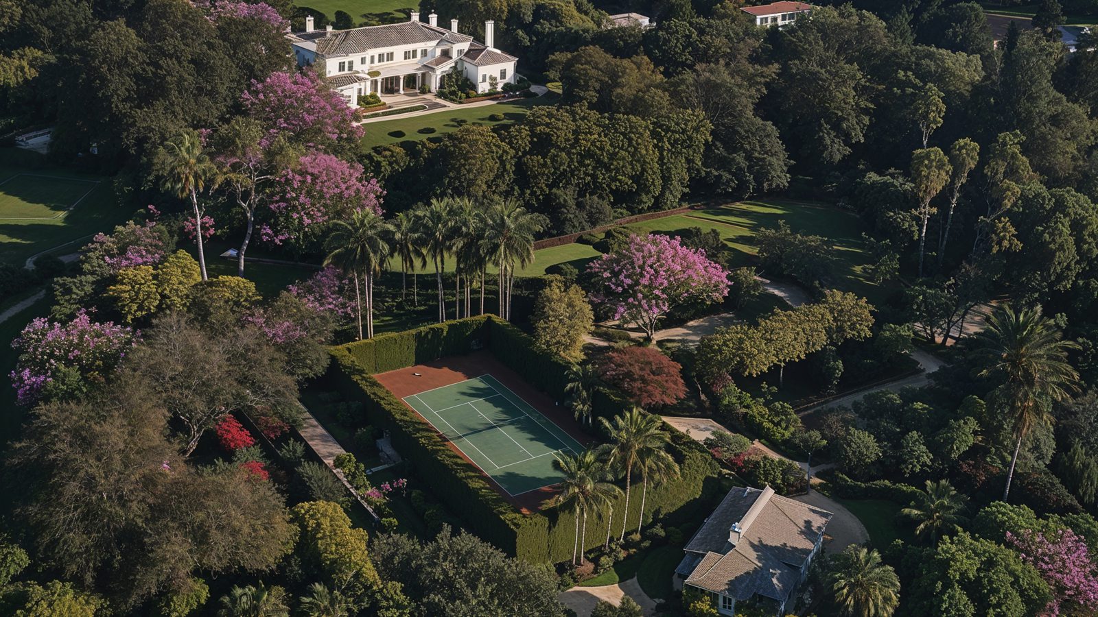 Aerial View Of Casa Encantada Estate And Tennis Court