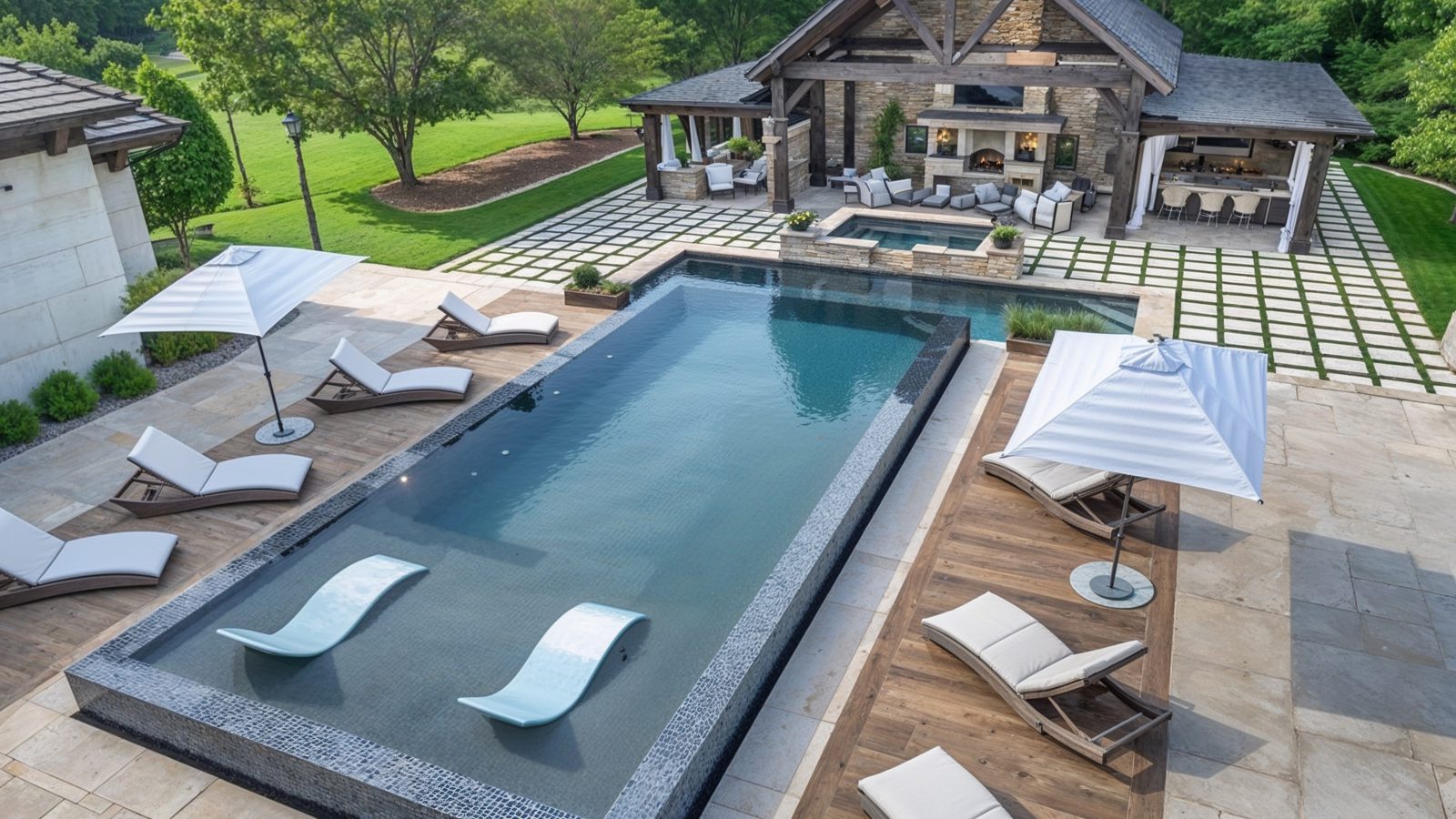 aerial view of infinity pool and outdoor living area