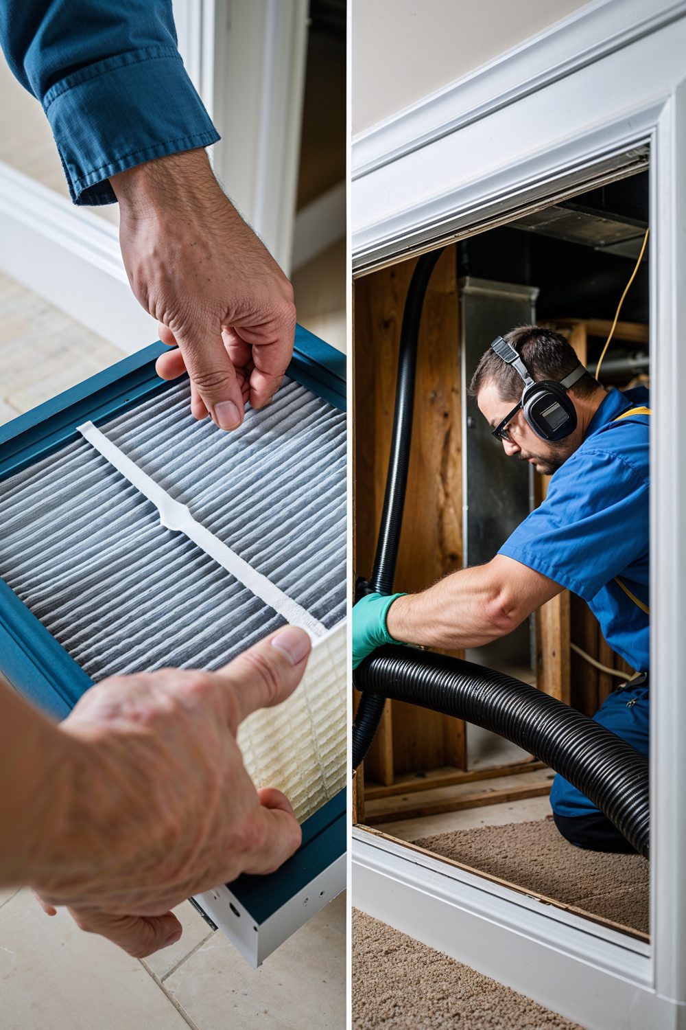 Air Filter Being Changed And HVAC Duct Being Professionally Clea