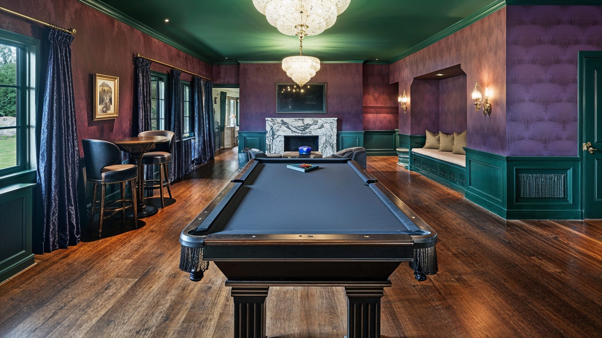 Art Deco Inspired Billiards Room With Green And Plum Tones