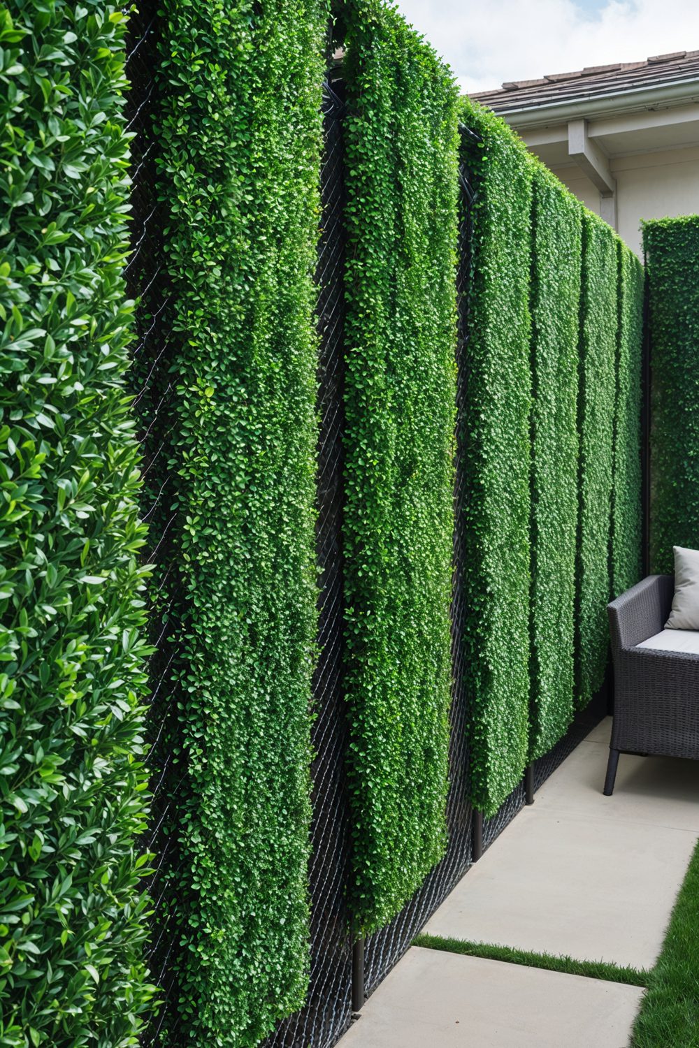Artificial Boxwood Hedge Panels Covering Chain Link Fence