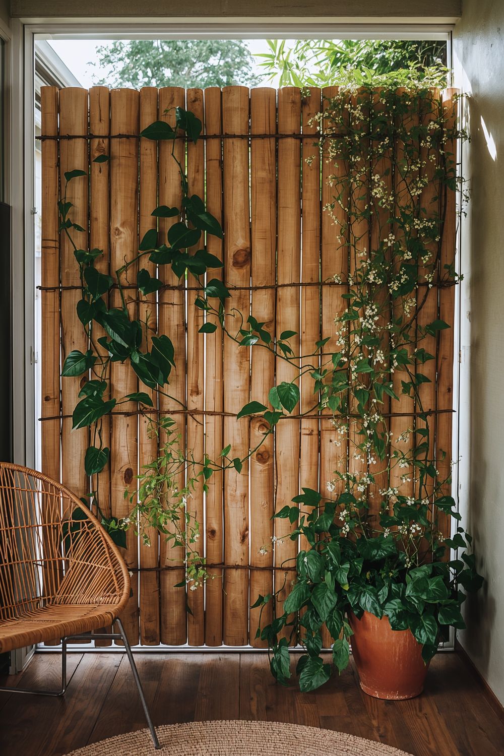 Bamboo Privacy Screen With Climbing Vines For Boho Porch