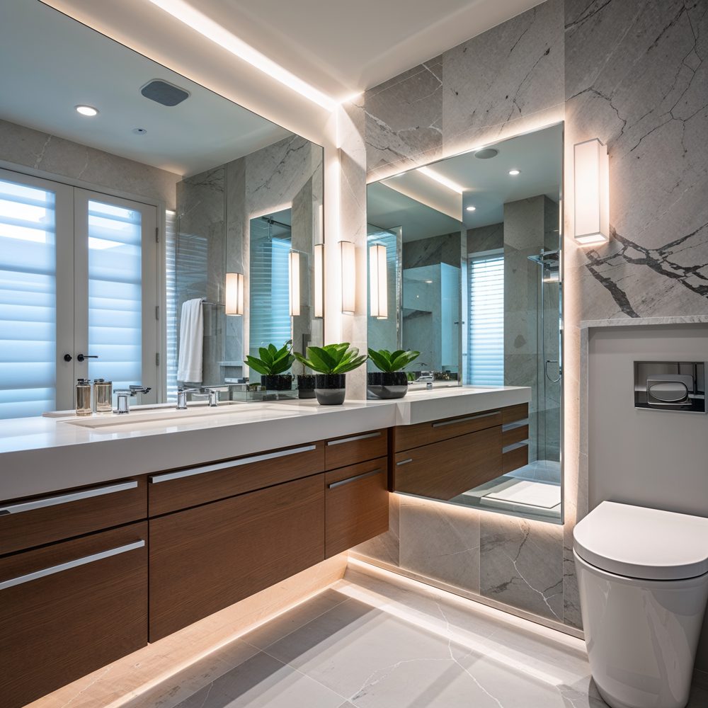 Large mirror with integrated lighting maximizing space