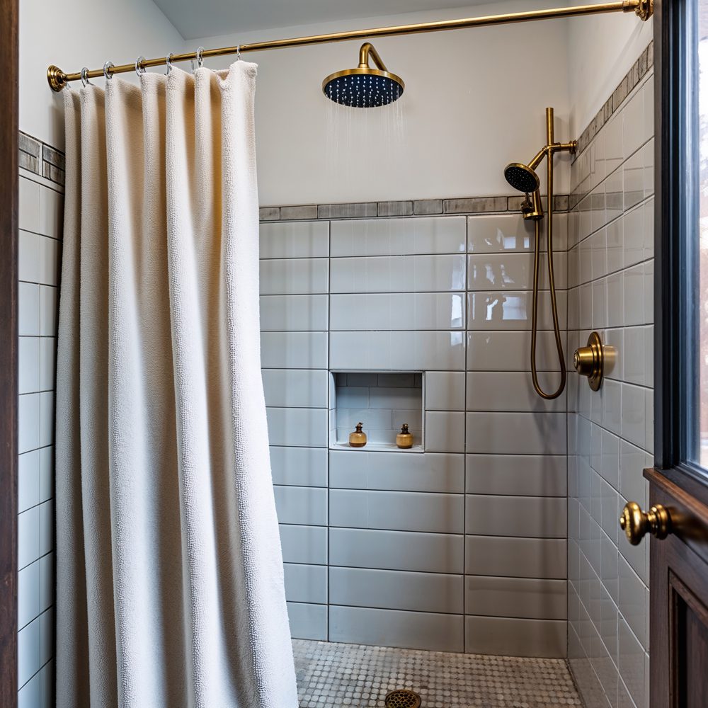 Frameless glass shower with rain head and luxury tile