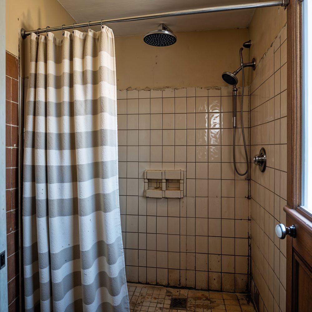 Old shower with dated tile and fixtures
