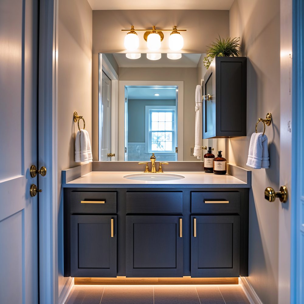 Modern floating vanity with vessel sink after renovation