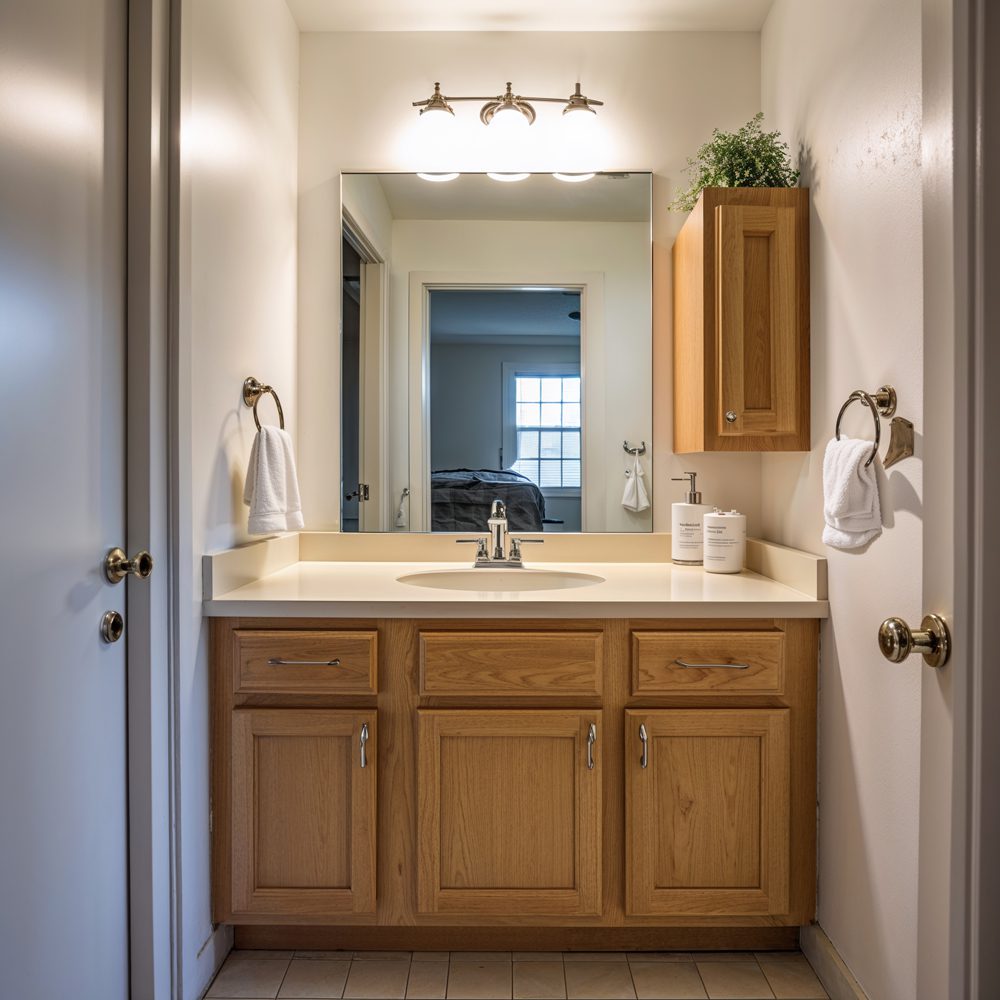 Bathroom vanity area before renovation