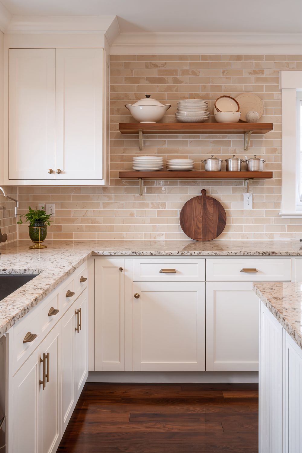 Beige Subway Tile Backsplash For Warm White Kitchen Design