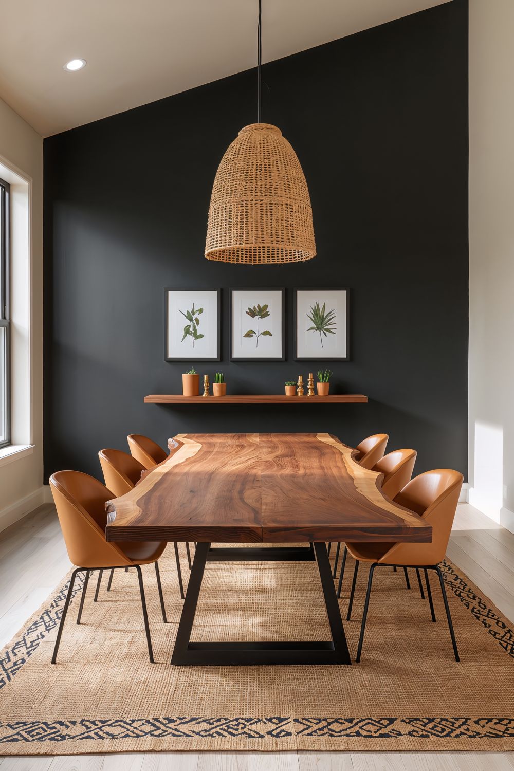 Black Accent Wall Moody Dining Room With Natural Live Edge Wood Table