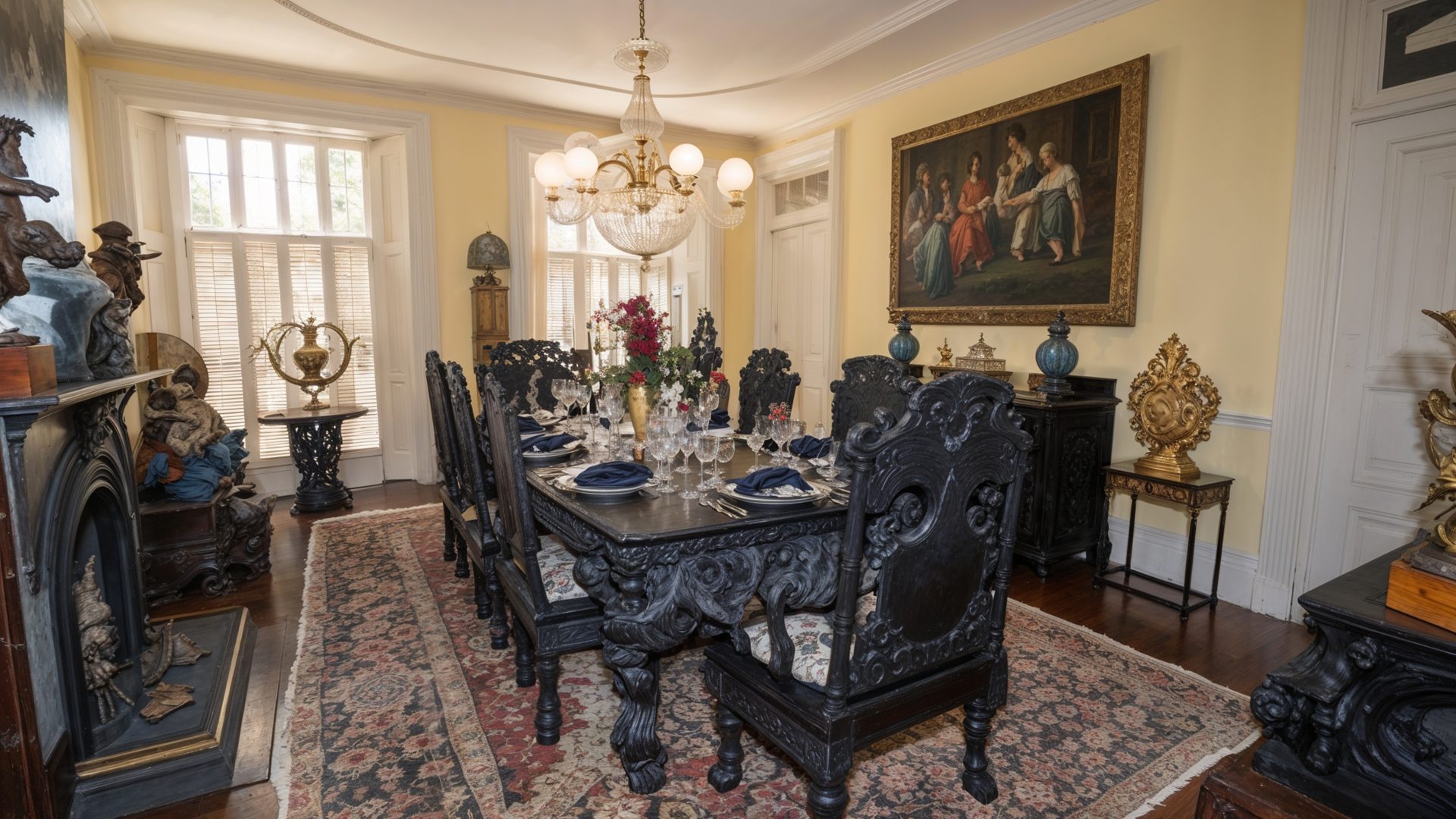 Black Carved Dining Set In Pale Yellow Charleston Mansion Room