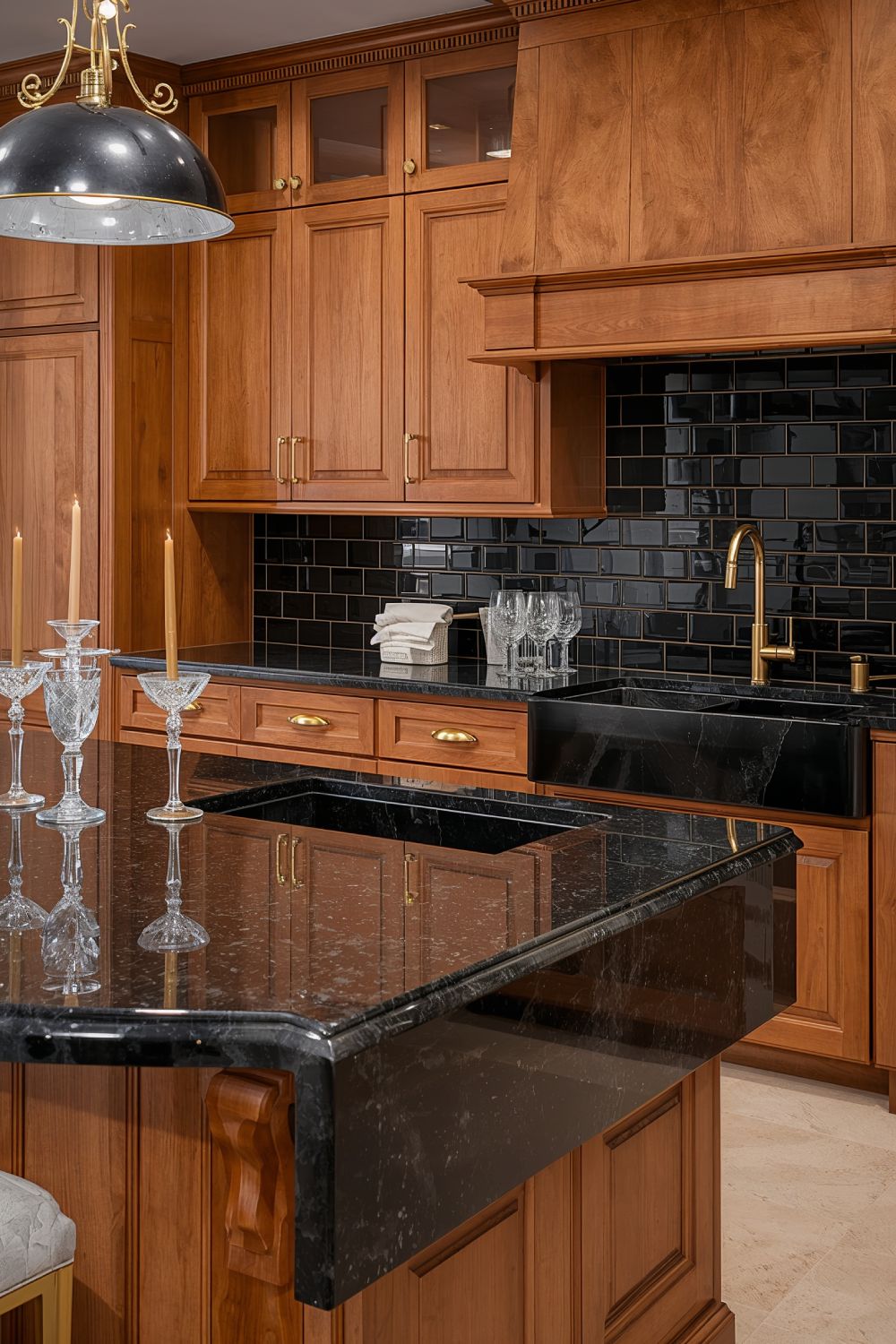 Black Granite Countertops Elevate Oak Cabinet Style