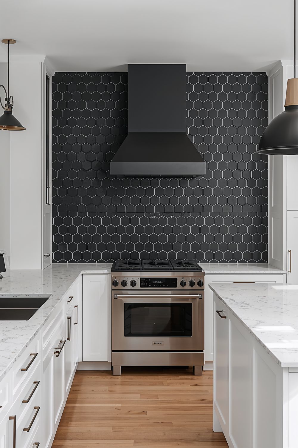 Black Hexagon Tile Backsplash With White Kitchen Cabinets