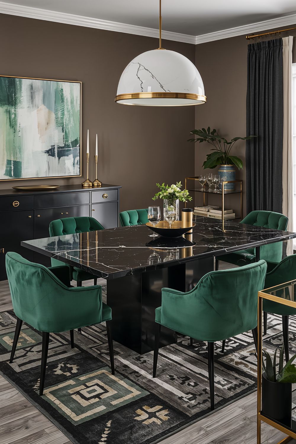 Black Marble Dining Table With Emerald Green Velvet Chairs