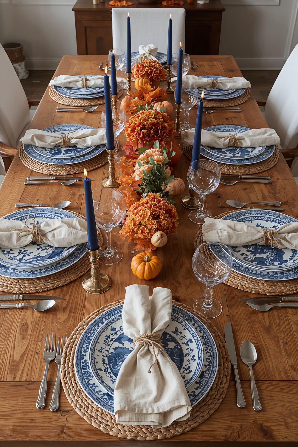 Blue And Orange Fall Tablescape With Chinoiserie Dishes