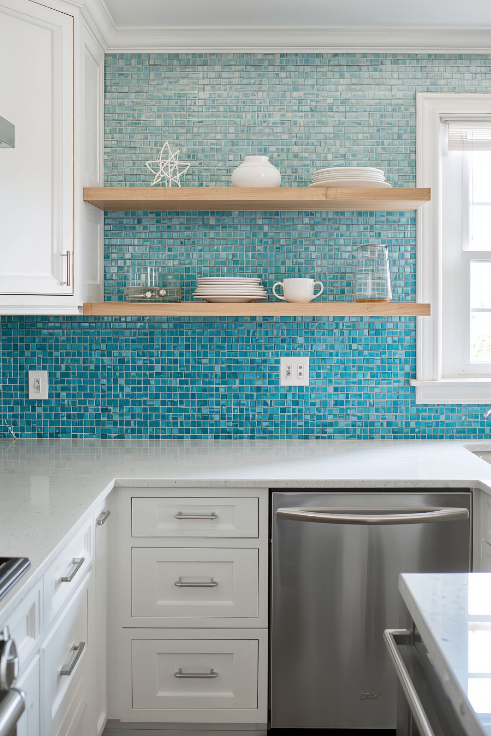 Blue Glass Tile Backsplash Ideas For White Kitchen Cabinets