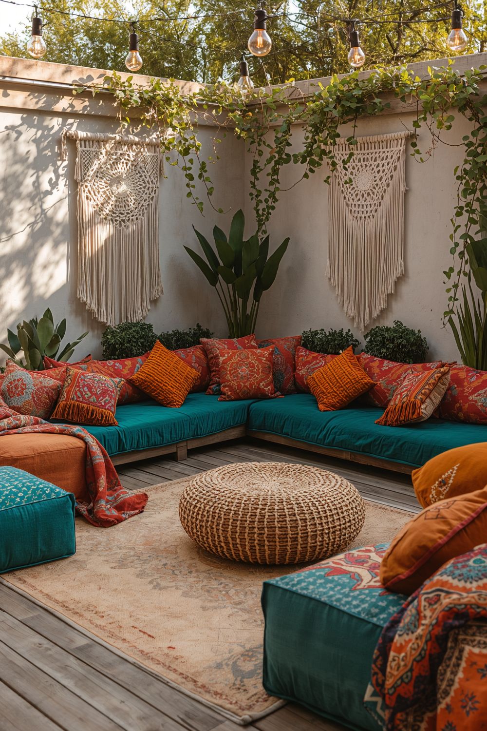 Boho Floor Seating With Colorful Cushions And Poufs