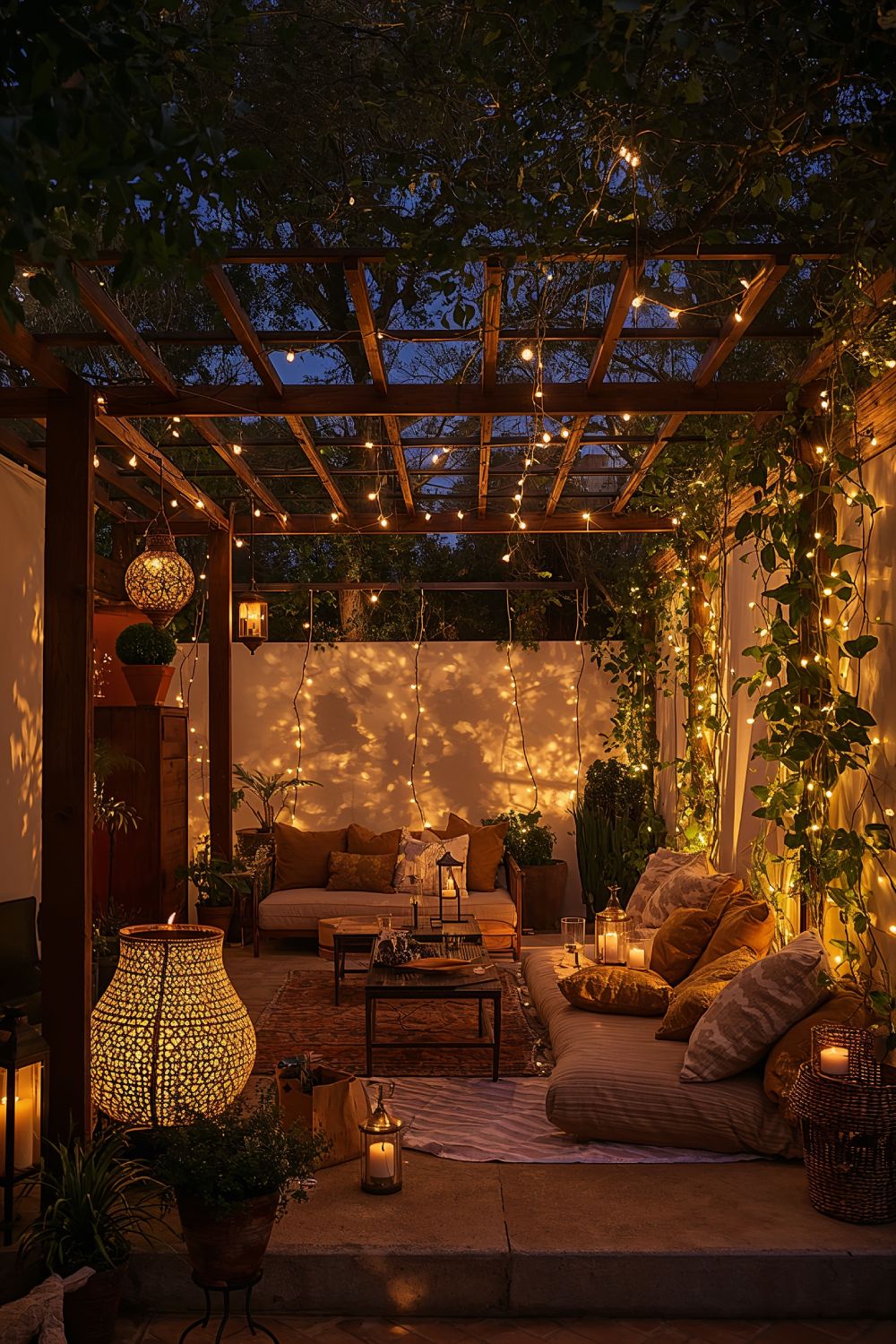 Boho Patio String Lights And Moroccan Lantern Lighting