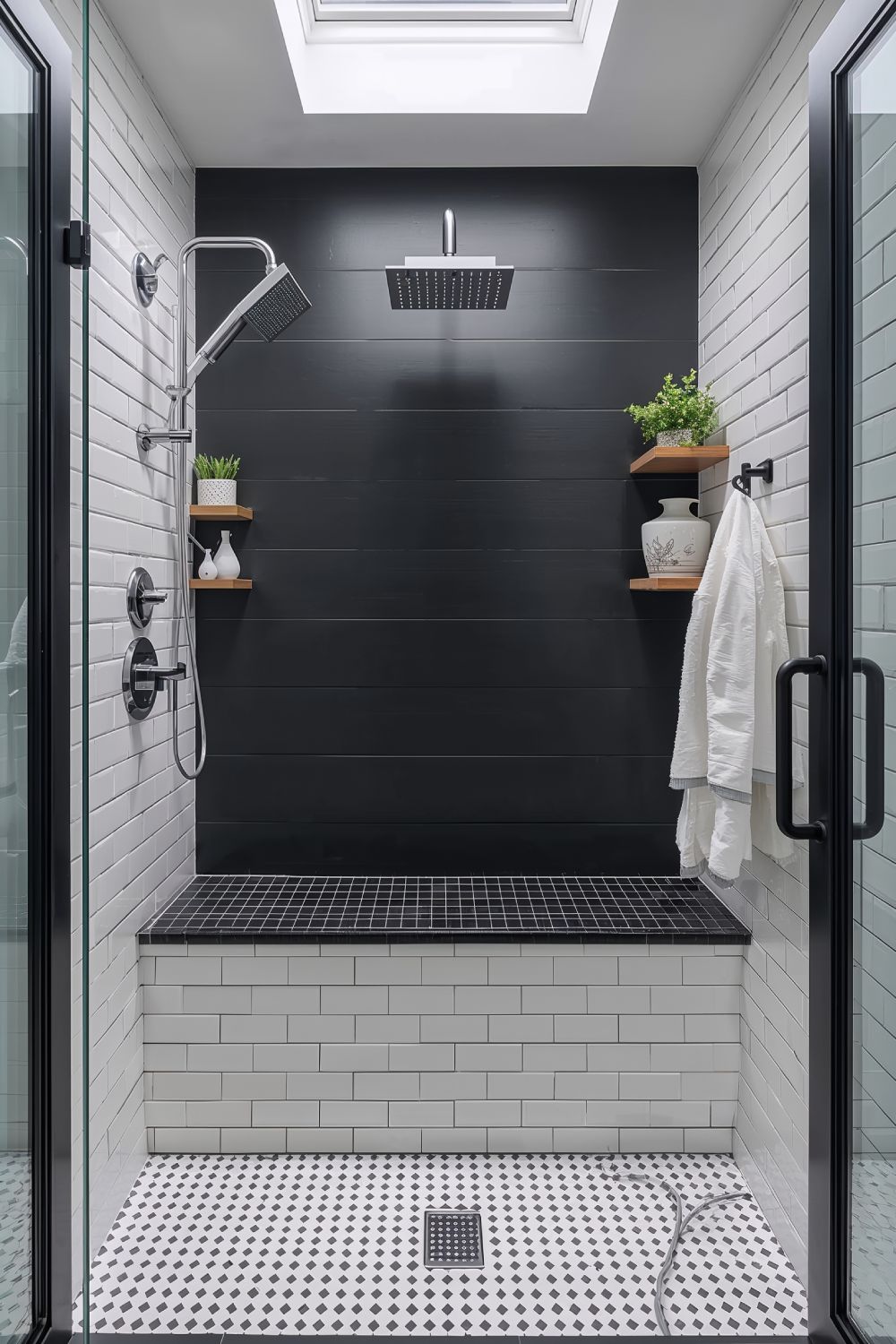 Bold Black And White Farmhouse Shower With Matte Tile Contrast