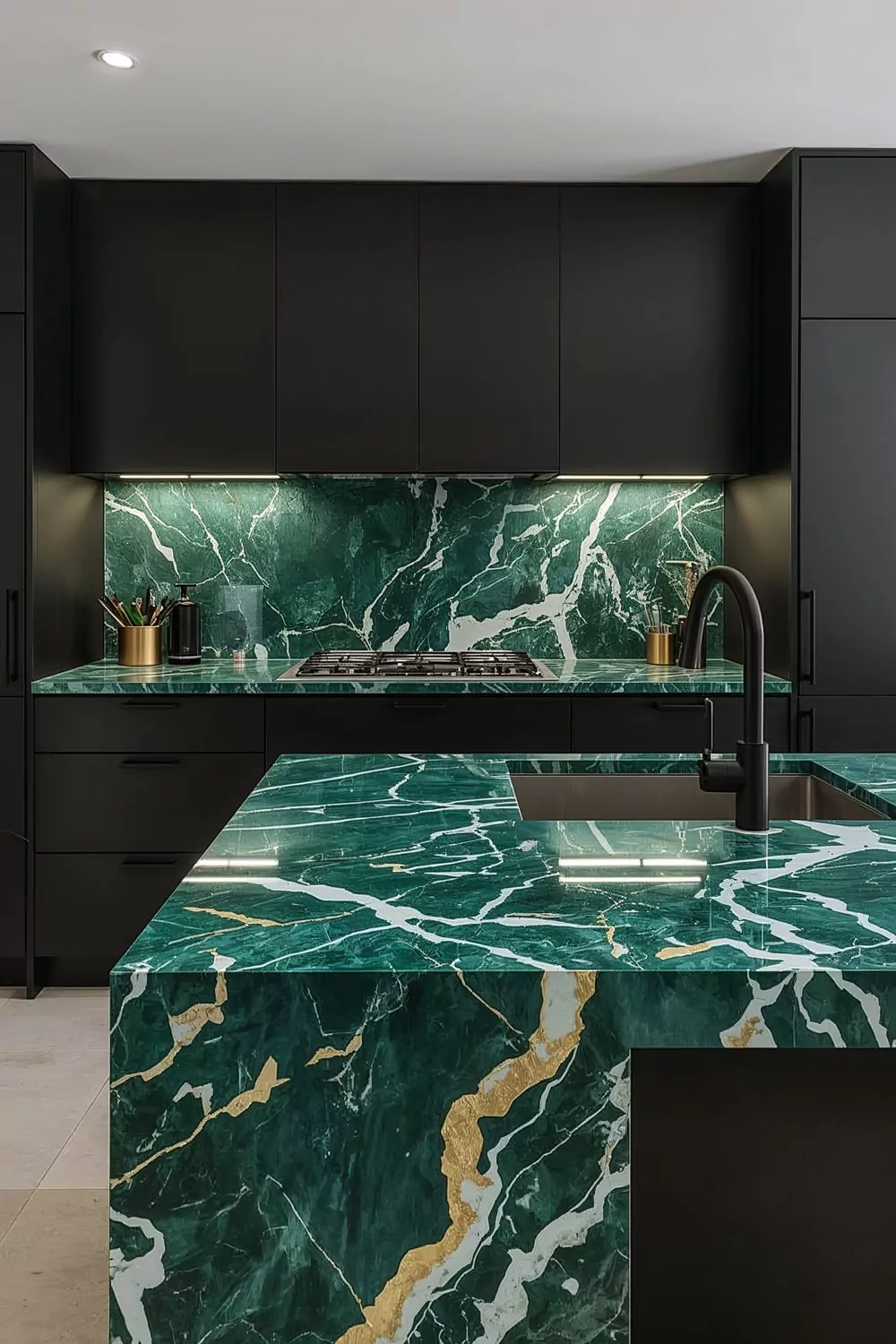 Bold Colored Countertops Black Cabinets Kitchen