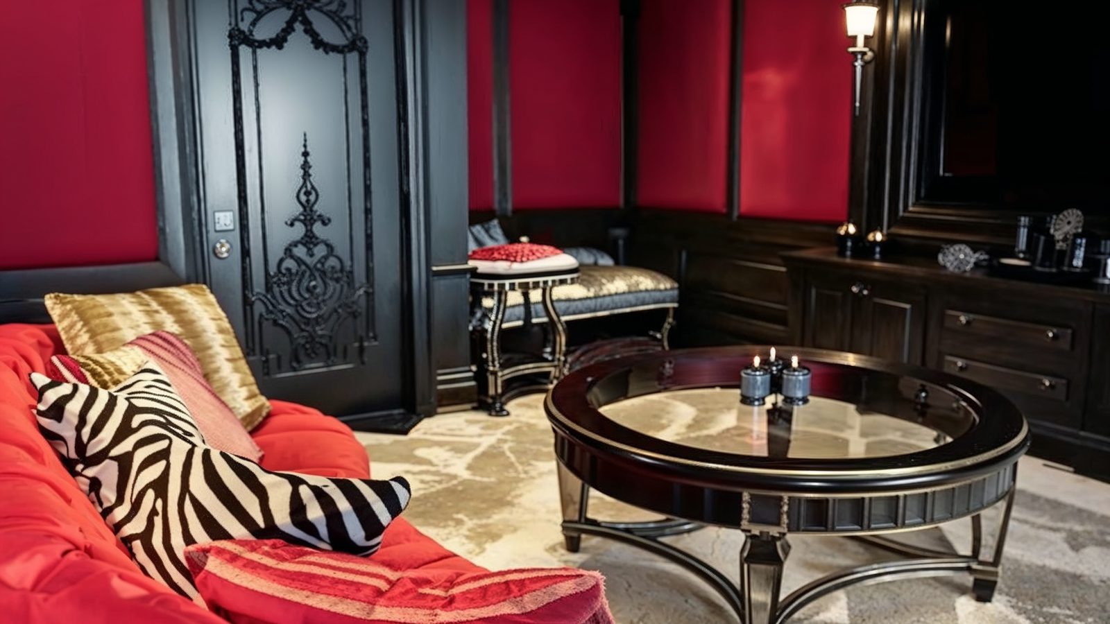 bold theater room with red and black interiors