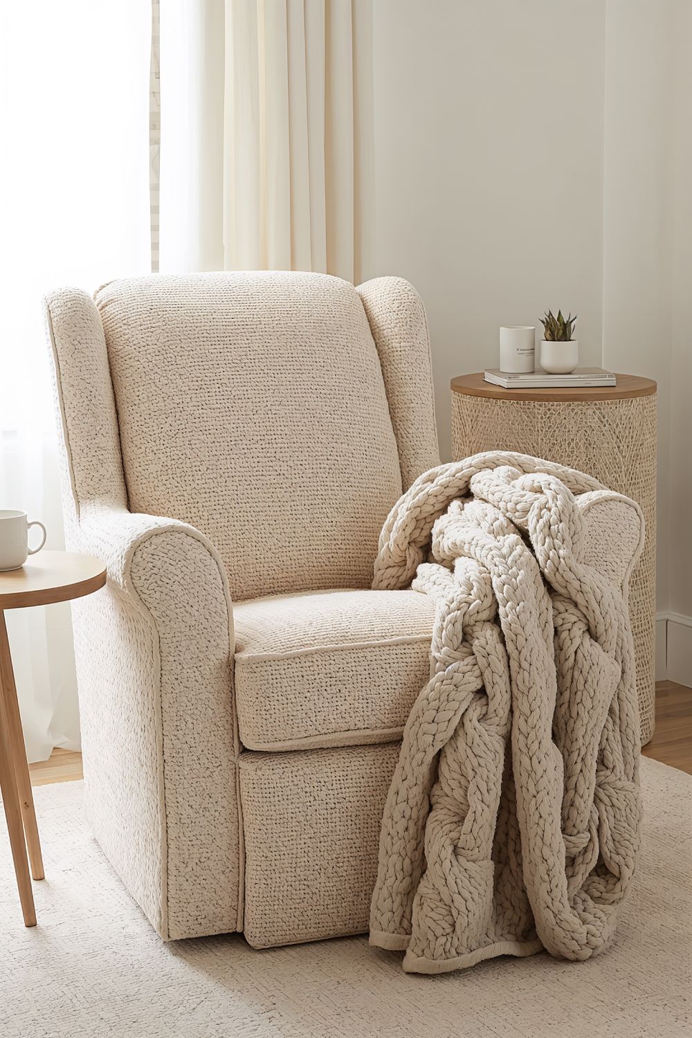 Boucle Glider Chair With Chunky Knit Throw Coastal Nursery