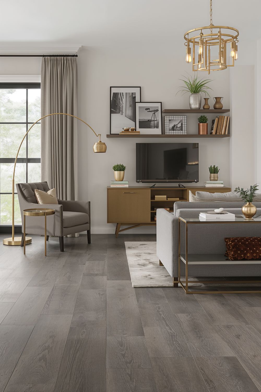 Brass And Metallic Accents With Grey Floor Styling