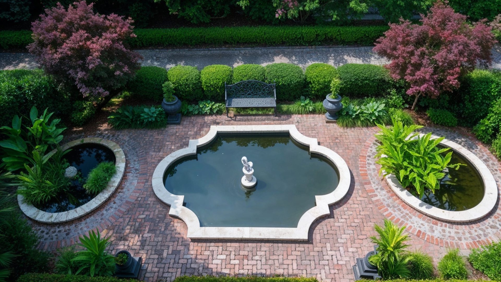 Brick Courtyard With Central Fountain And Sculptural Accents
