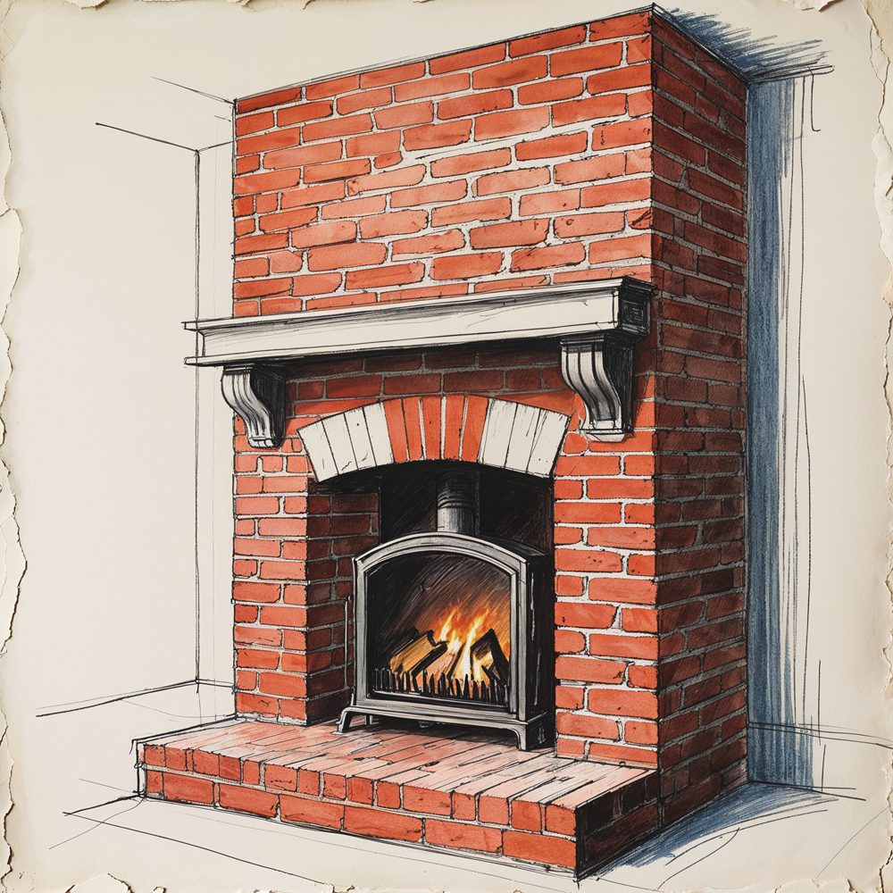 Original brick fireplace showing dated red brick and styling issues