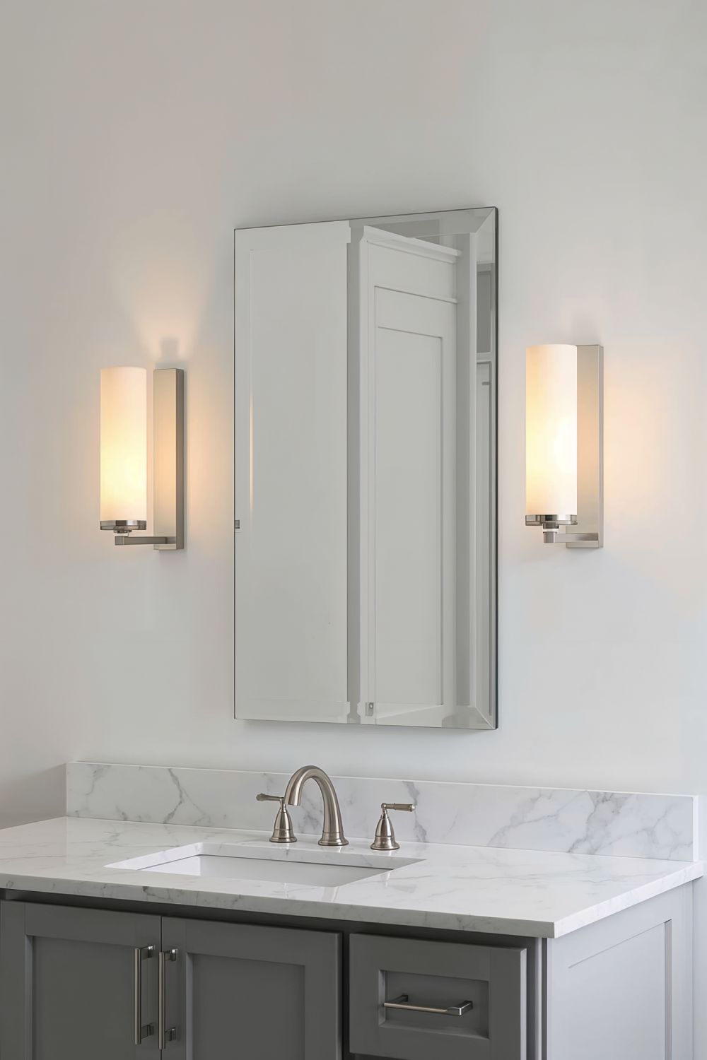 Brushed Nickel Vanity Sconces For Transitional Bathroom Lighting