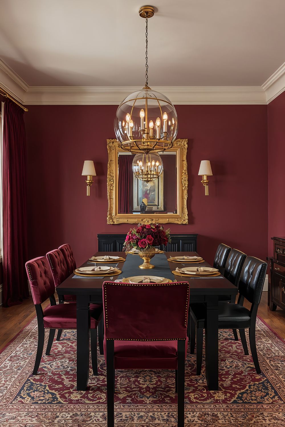 Burgundy Moody Dining Room With Ornate Gold Mirror