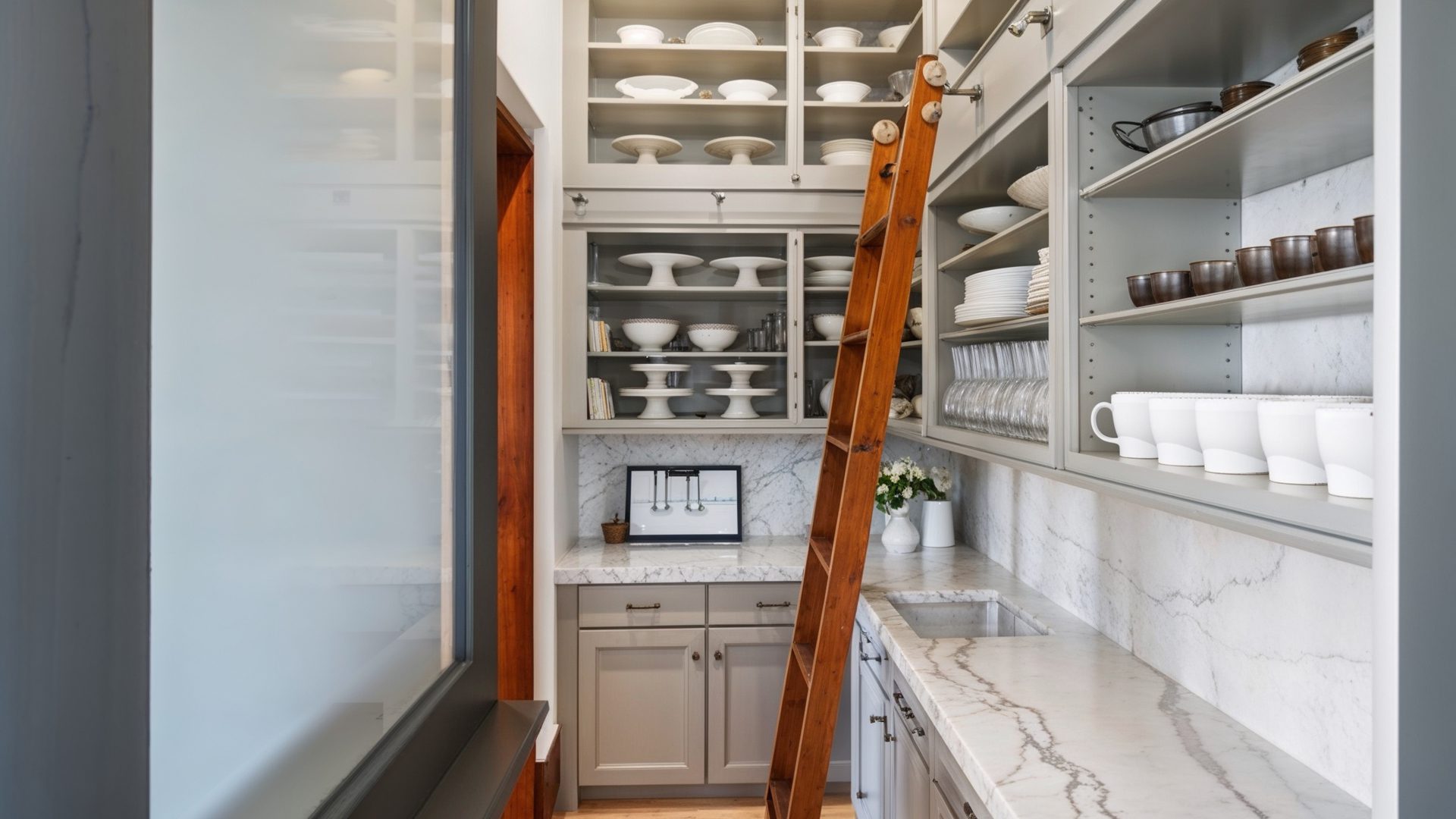 Butlers Pantry With Marble Counters And Custom Cabinet Ladder