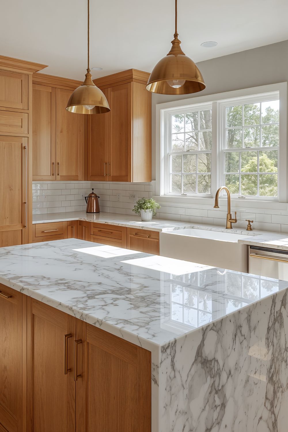 Calacatta Quartz Countertops With Honey Oak Cabinets