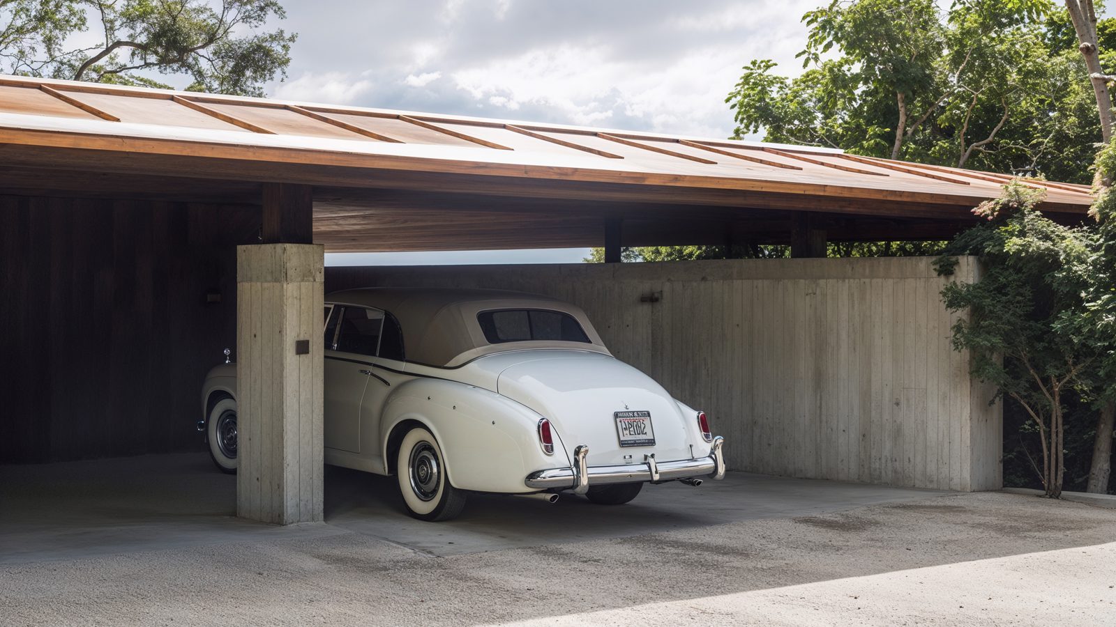 carport with vintage rolls royce at beverly hills home