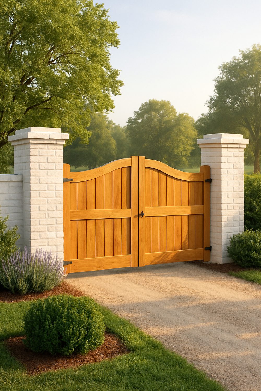 Cedar Gates With Whitewashed Farmhouse Entrance Pillars