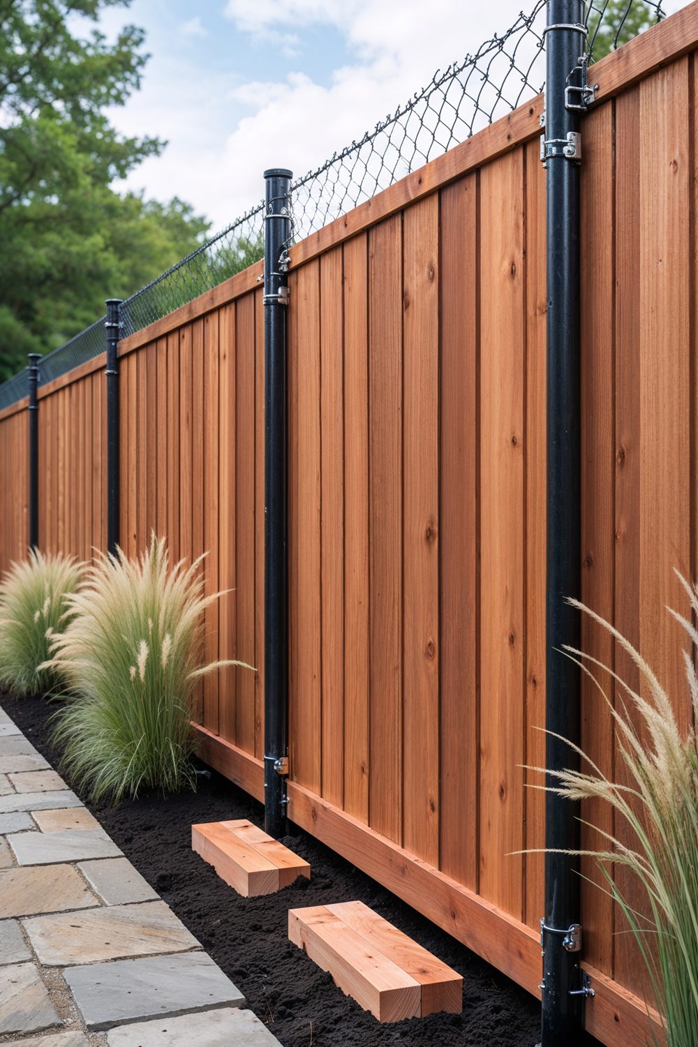 Cedar Wooden Panels Mounted On Chain Link Fence