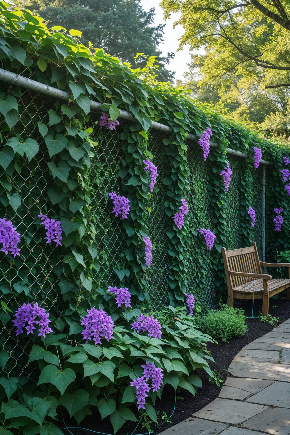 Chain Link Fence Covered With English Ivy And Purple Clematis Vi