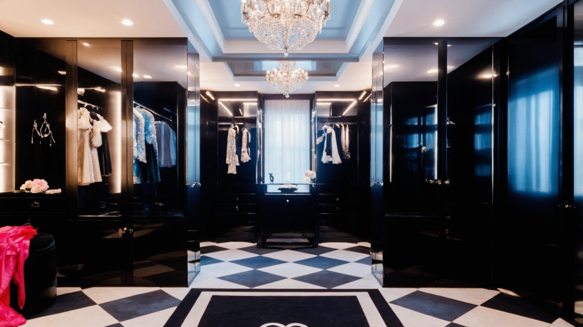 chanel inspired closet with high gloss black finish, chandeliers, and luxury decor
