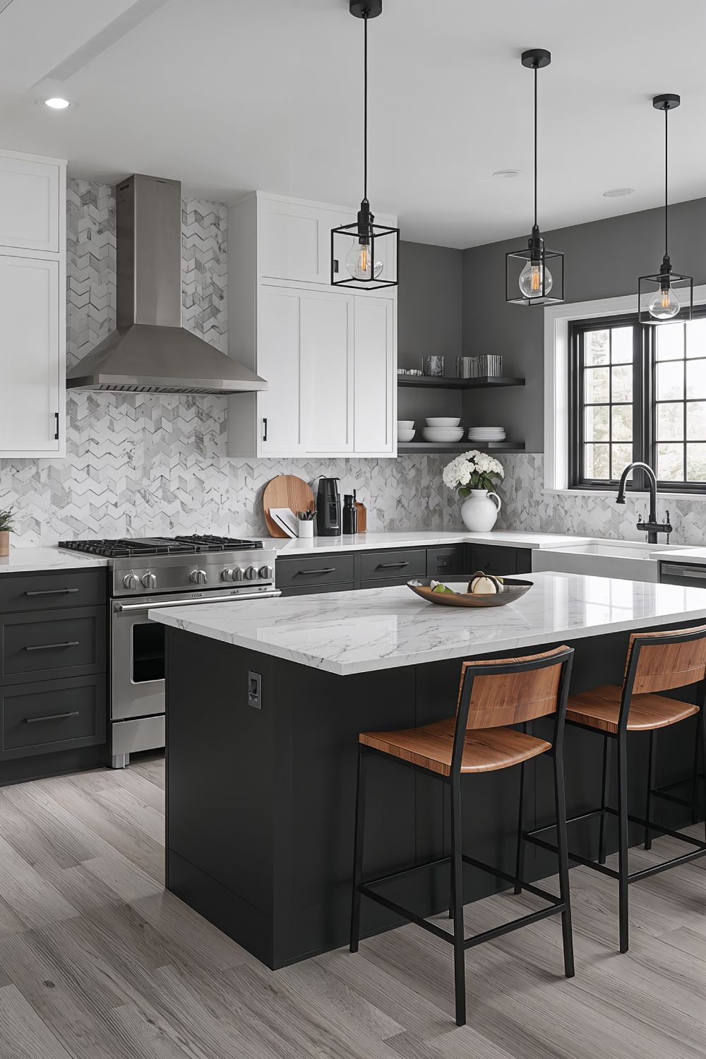 Charcoal Gray Lower Kitchen Cabinets With White Upper Cabinets Against Agreeable Gray Walls