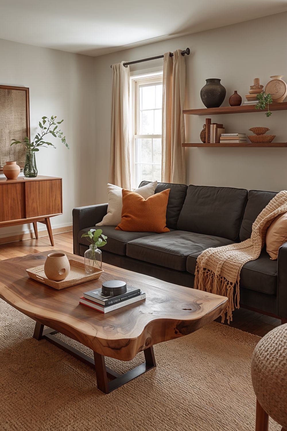 Charcoal Grey Sofa With Natural Wood Coffee Table Design