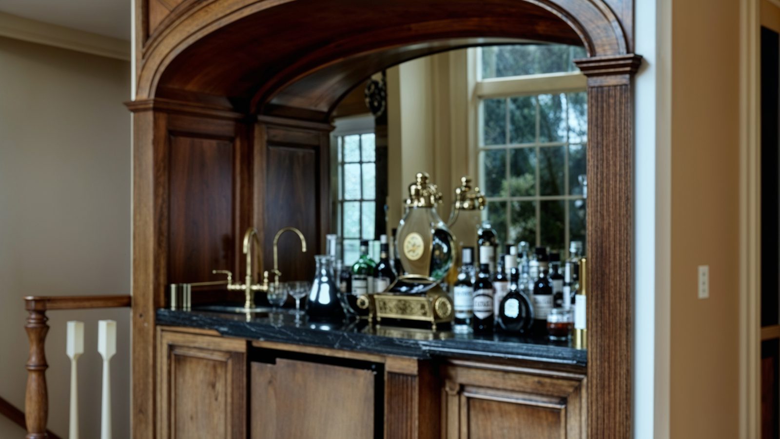 Classic Home Bar With Wood Carved Arches