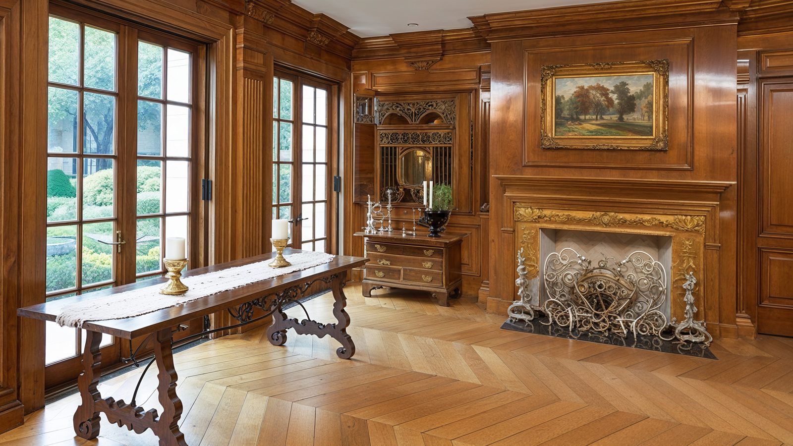 08 classic living room with french doors and fireplace