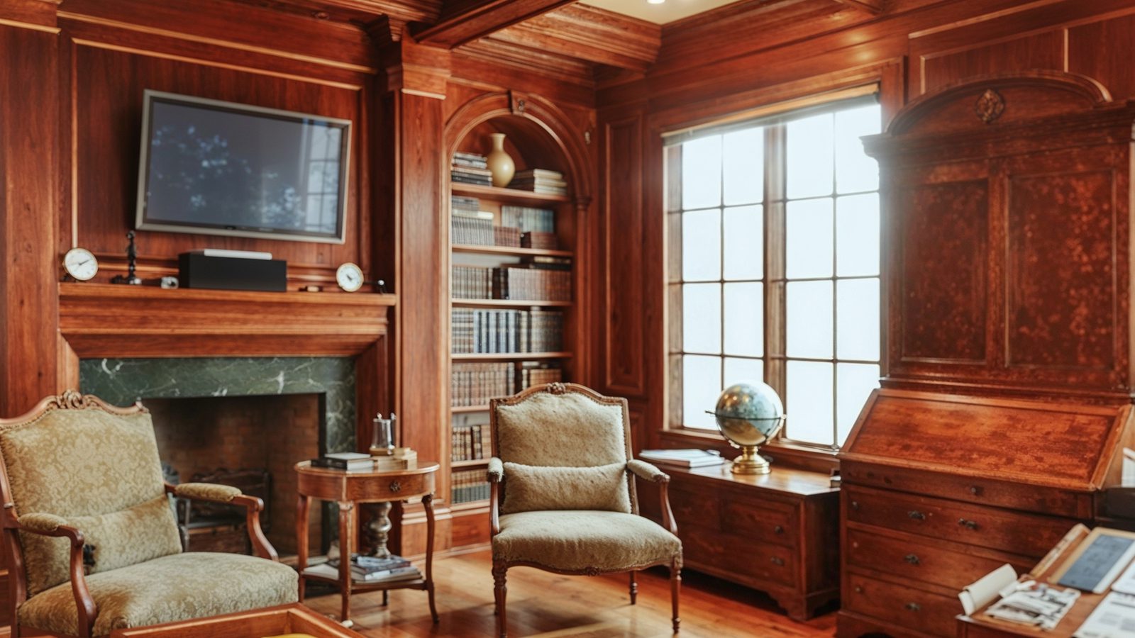 Classic Wood Paneled Library With Marble Fireplace