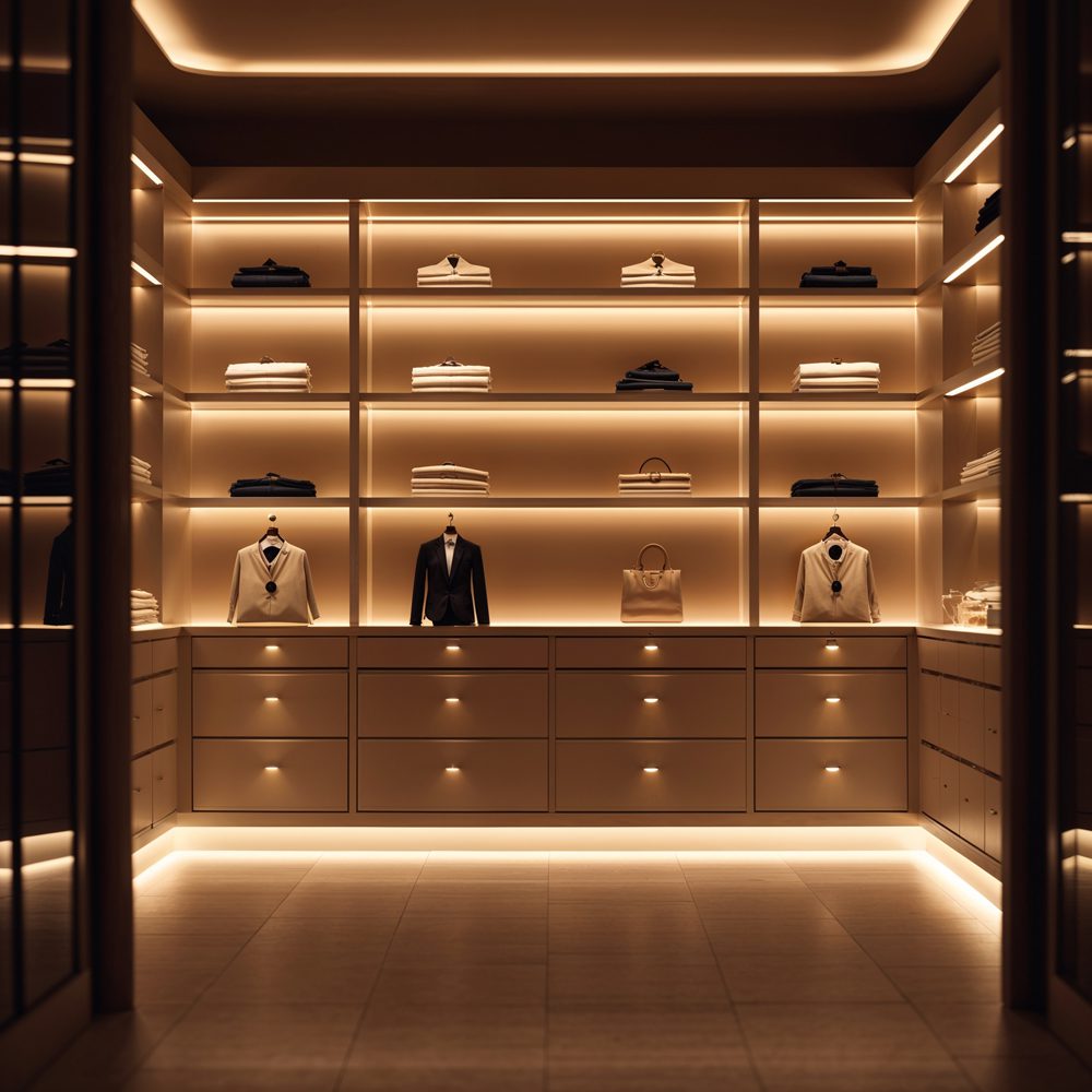 Completed closet in evening showing LED lighting system