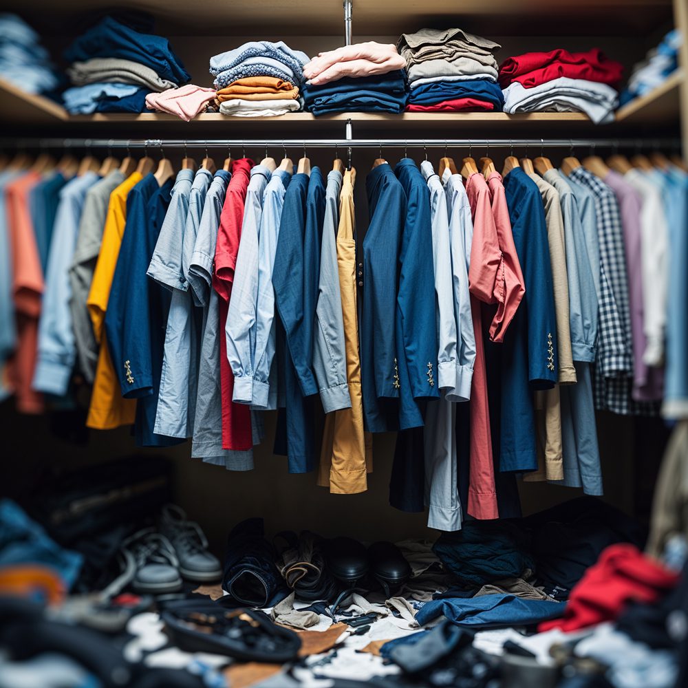 Closet hanging area before - single rod overcrowded